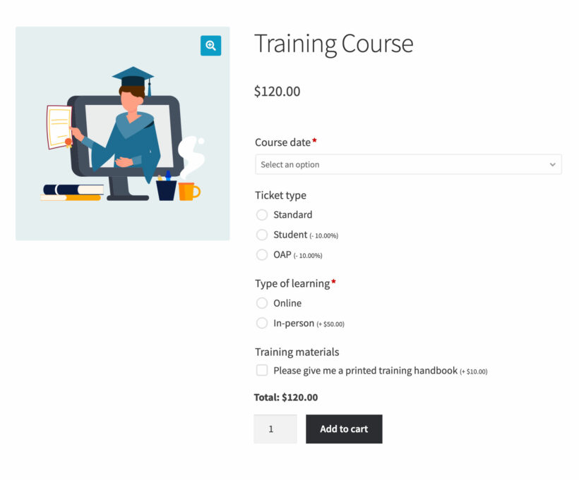 Add date picker to WooCommerce product for training course