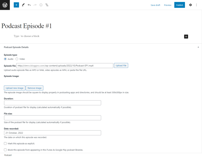 Upload a podcast episode to WordPress