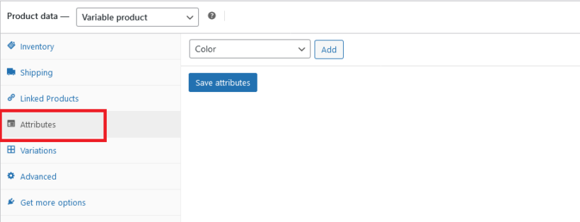 Selecting the attributes tab in the product data section