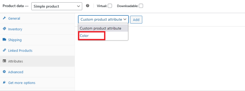 Selecting color attribute from the product attribute dropdown