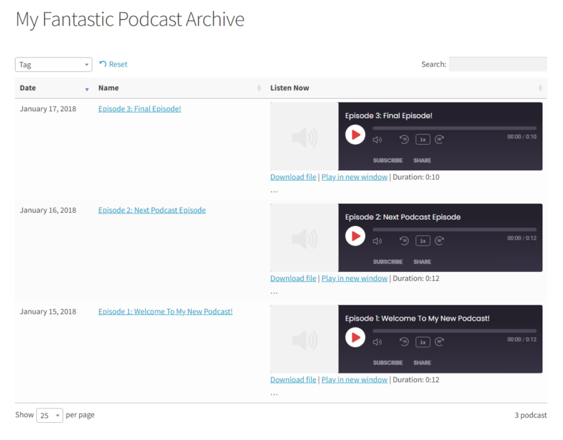 Podcast player WordPress preview