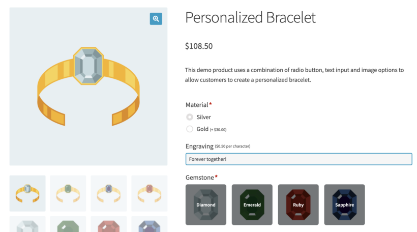 WooCommerce jewelry product personalization options