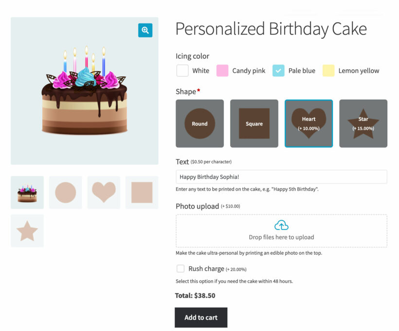 Birthday cake product personalization in WooCommerce