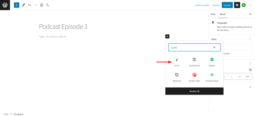 add audio shortcode for podcast