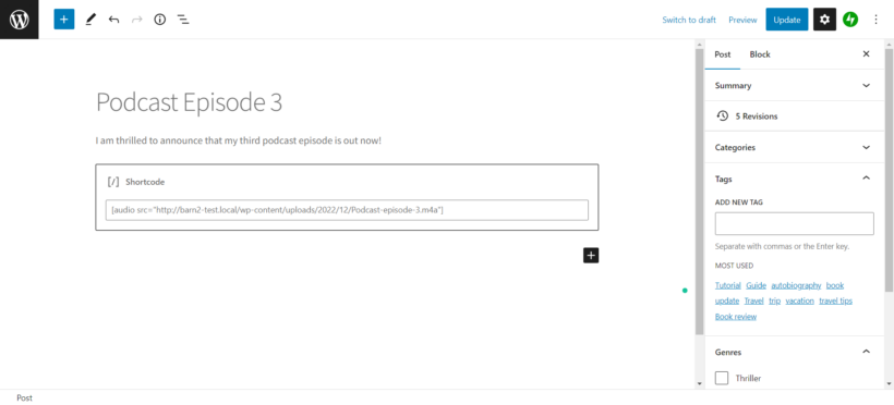 wordpress audio shortcode screenshot