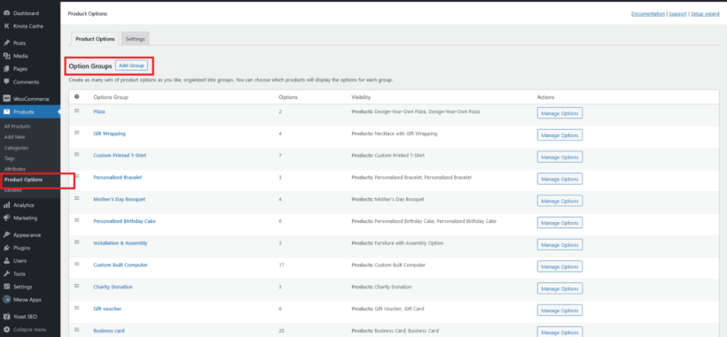 Product options plugin page