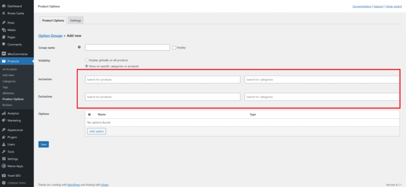 inclusions and exclusions search boxes in product options
