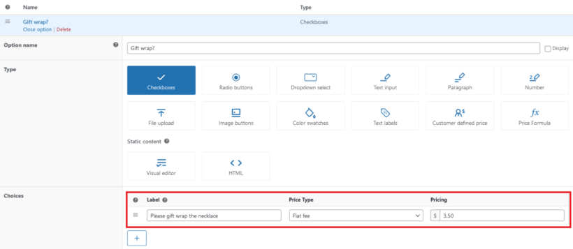 Choices tab under gift wrap option
