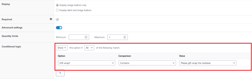 conditional logic under wrapping paper option