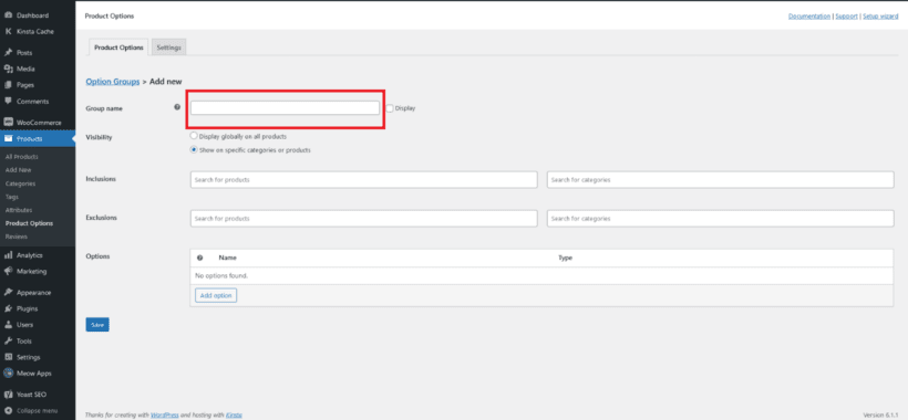 Option group name textbox