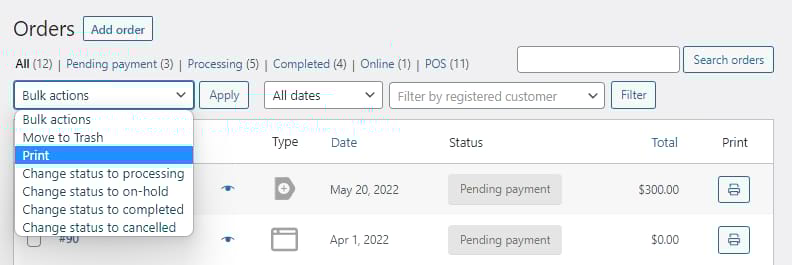 bulk action to print woocommerce shipping labels
