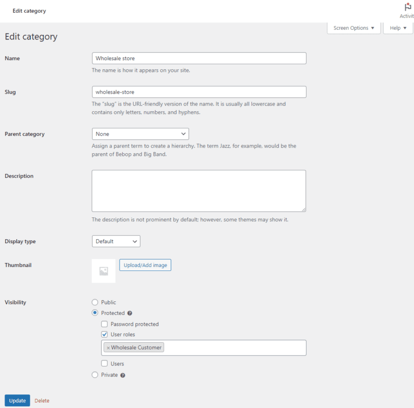Wholesale customer user role settings