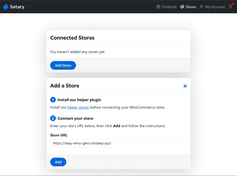 Add store URL to connect Setary app
