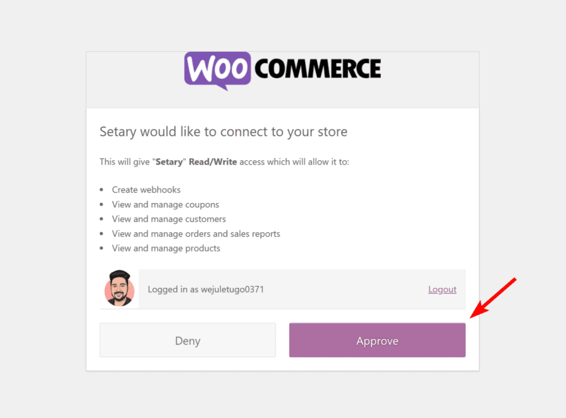 Approve to connect Setary to your WooCommerce store via API