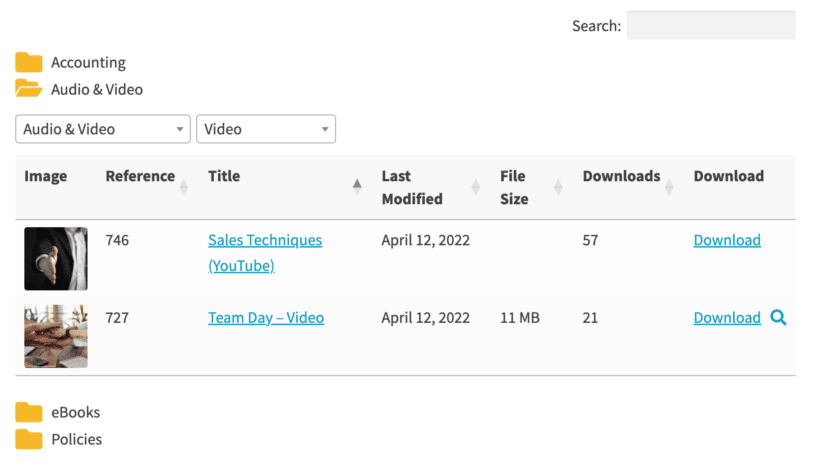 Search and filter options