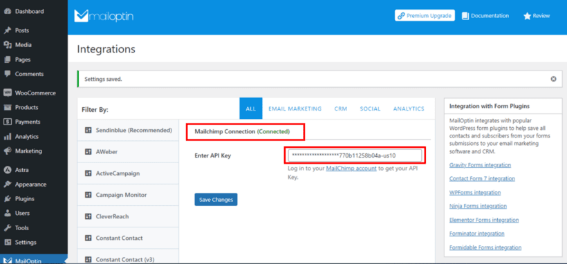 MailOptin MailChimp integration - API connected page