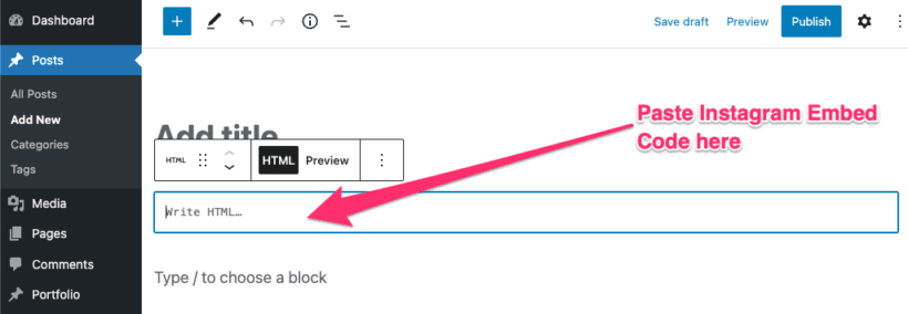 Paste Instagram Embed Code on WordPress