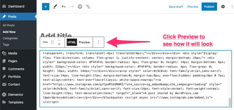 Preview Instagram Post on WordPress