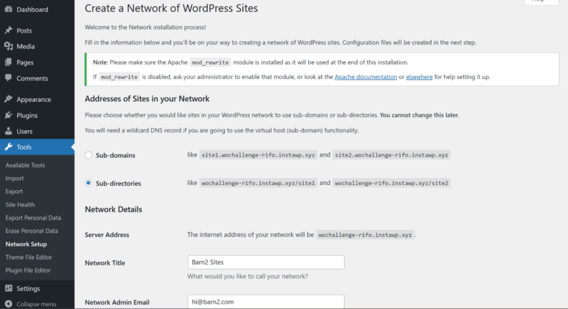 Select your domain type and fill out the network details