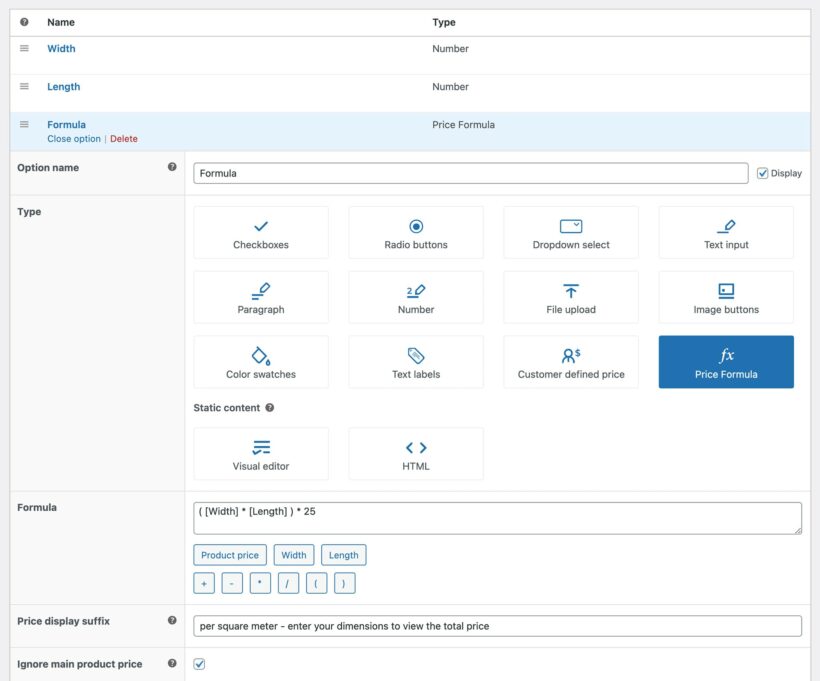 Create a pricing formula using the WooCommerce Product Options plugin Create a pricing formula using the WooCommerce Product Options plugin