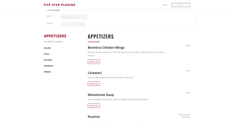 Five star restaurant menu plugin