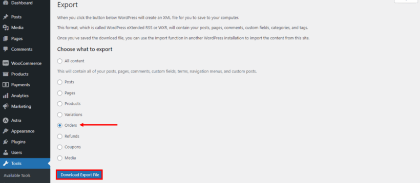 WooCommerce export orders default feature