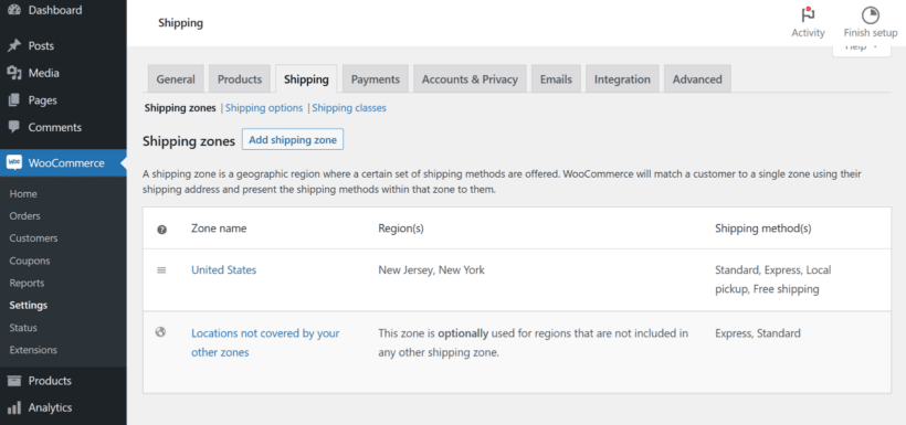 woocommerce shipping zone settings