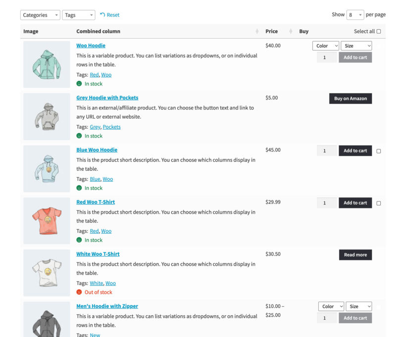 Product table for WooCommerce with combined merged columns