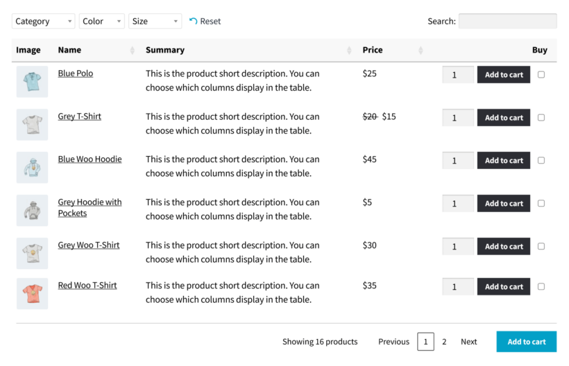 WooCommerce Product Table plugin with filter dropdowns
