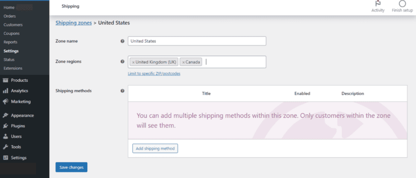 WooCommerce shipping zone setup 2