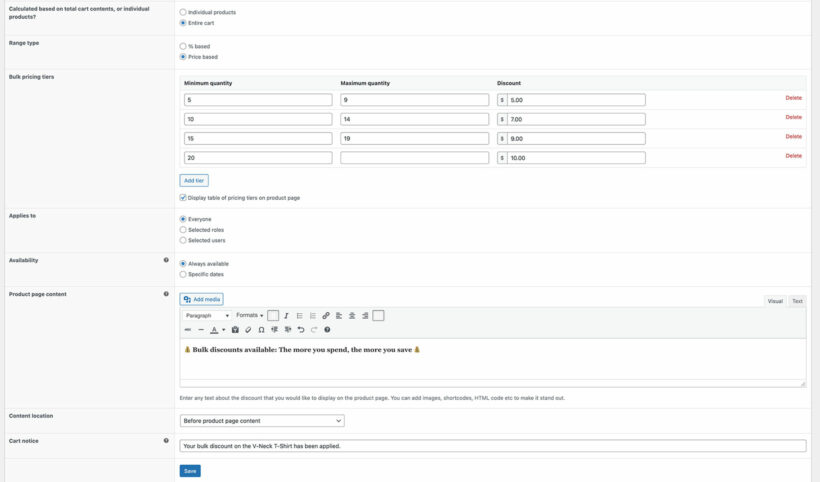 WooCommerce tiered pricing bulk discounts product page content