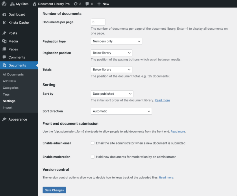 Document Library Pro plugin - general settings