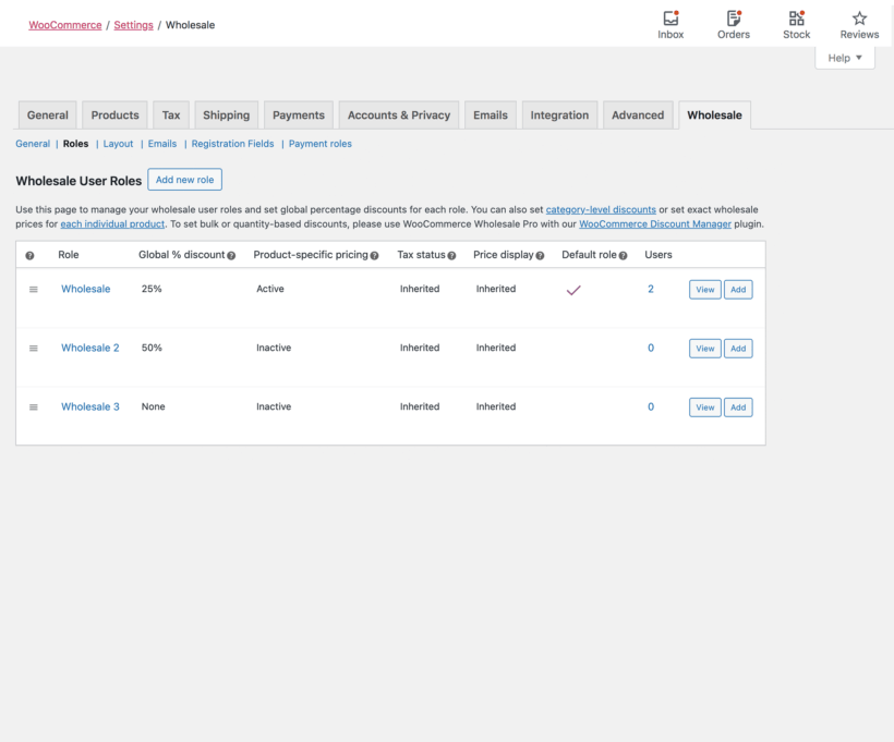 Wholesale user roles screenshot WooCommerce