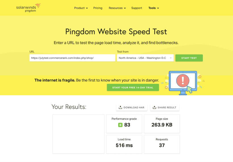 Shoptimizer theme Pingdom speed test