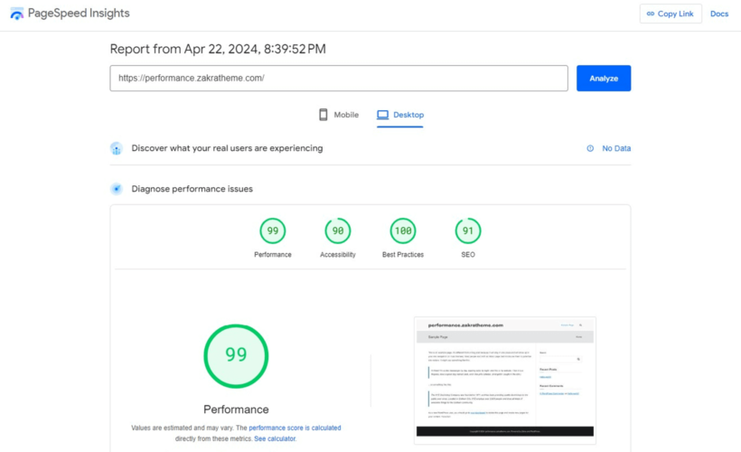 Zakra Google Pagespeed Insights