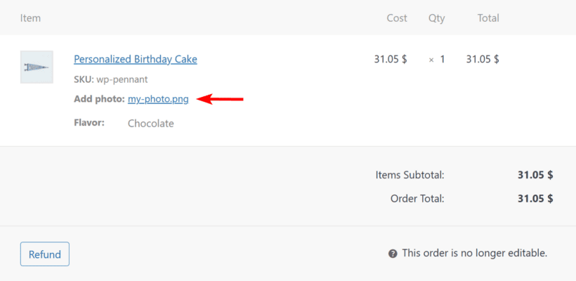 WooCommerce Order details showing the uploaded files 