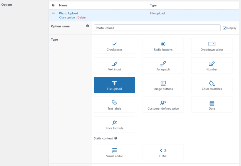 Select files upload field from the WooCommerce product options