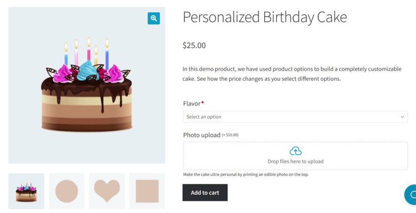 WooCommerce personalized cake product with files upload option