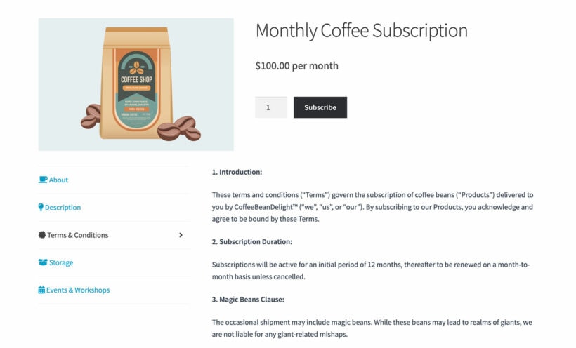 WooCommerce terms and conditions tab on product page
