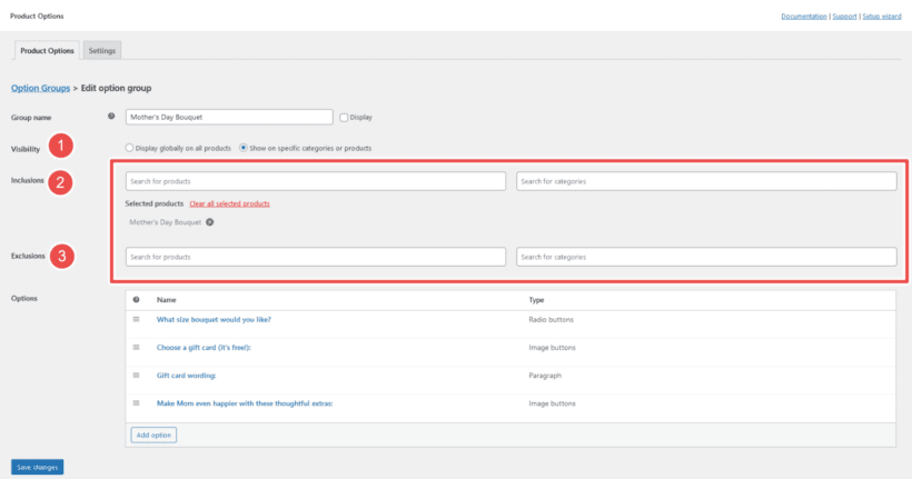 Custom Options inclusions and exclusions