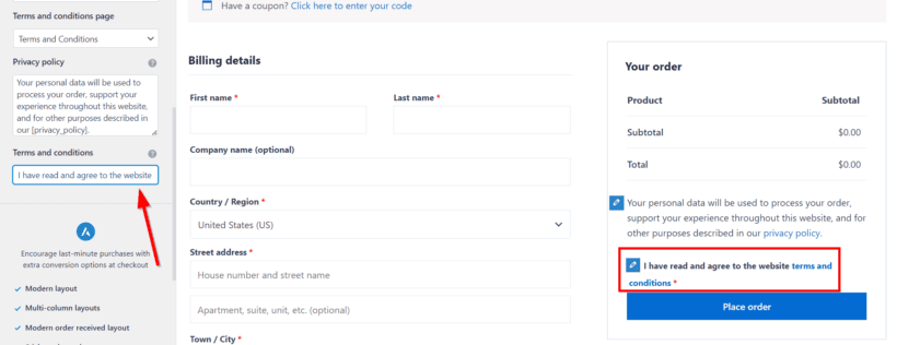 edit woocommerce terms and conditions page checkout message