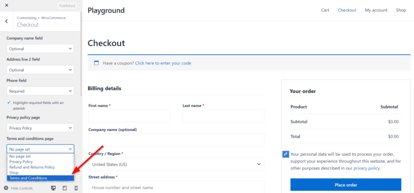 link to woocommerce terms and conditions page wordpress customizer