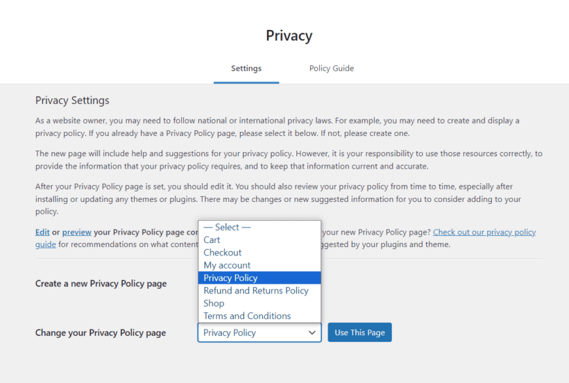 woocommerce set privacy page