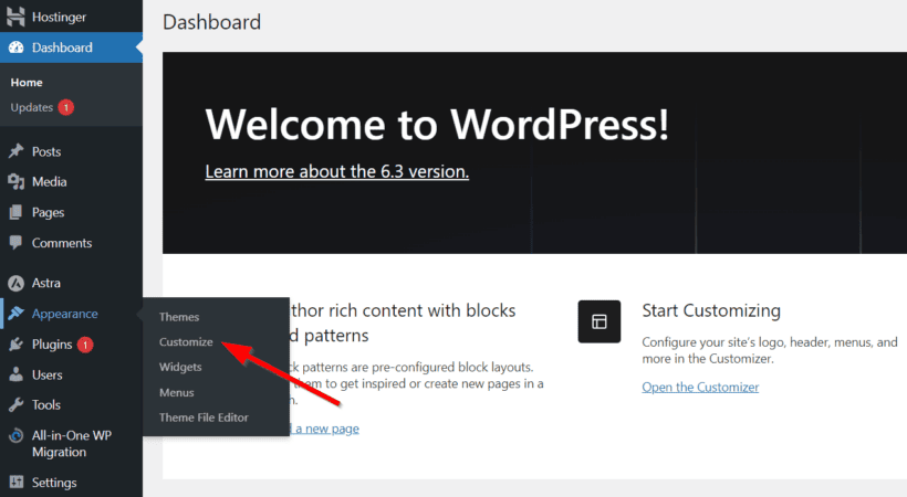 wordpress go to customizer