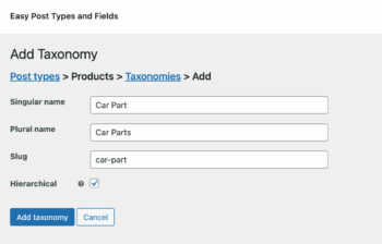Create WooCommerce custom taxonomy car parts