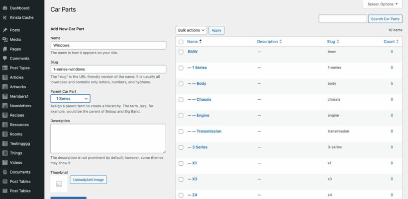 WooCommerce hierarchical taxonomy car parts