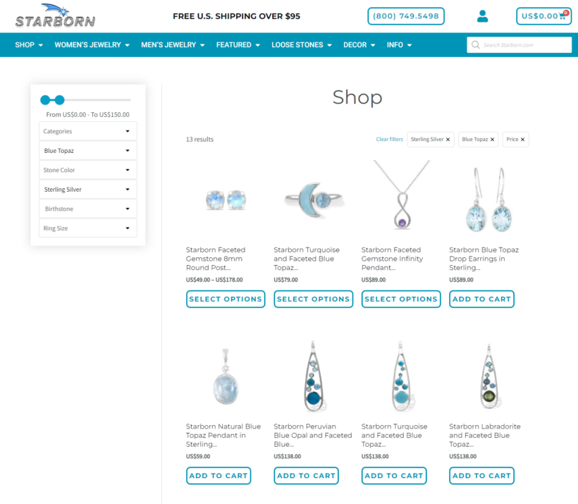 Shop page with WooCommerce sidebar filters showing product filter options