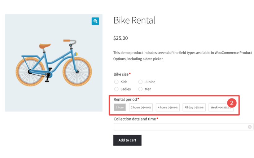 Selecting rental period on bike rental demo product