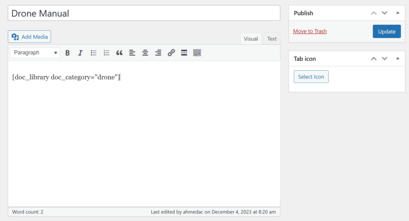 add PDF library shortcode to custom tab
