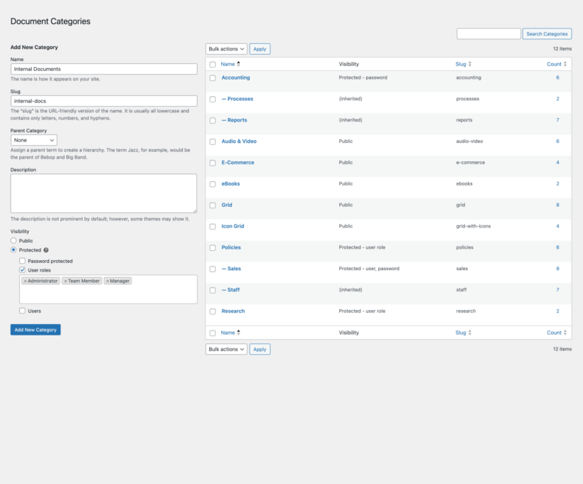WordPress document library categories